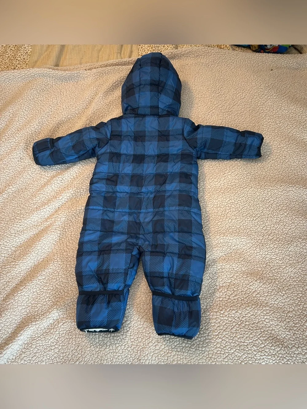 Eddie Bauer baby snowsuit blue and black plaid fullzip with sherpalined hood 3/6